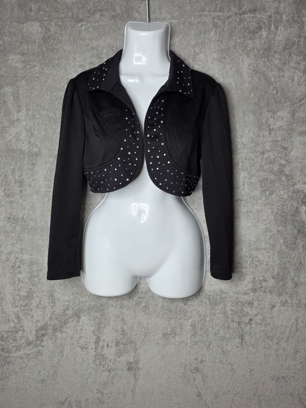 Y2k Roomates Black Cropped Rhinestone Embelished Jacket Bolero Moto Style M